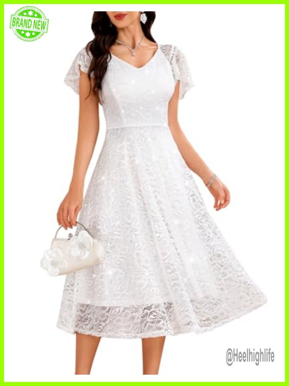 Sparkly Lace Sequin Formal Wedding Guest A-Line Midi Dress